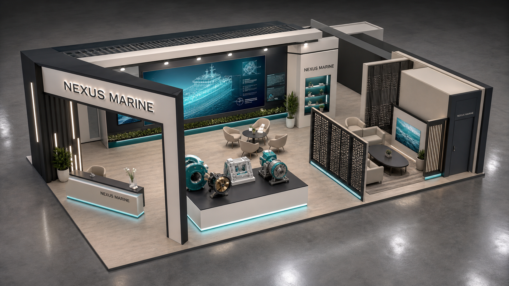 Elevated overview of the fictional NEXUS Marine exhibition sample.
